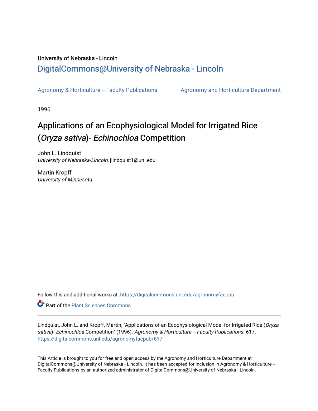 Applications of an Ecophysiological Model for Irrigated Rice (Oryza Sativa)- Echinochloa Competition