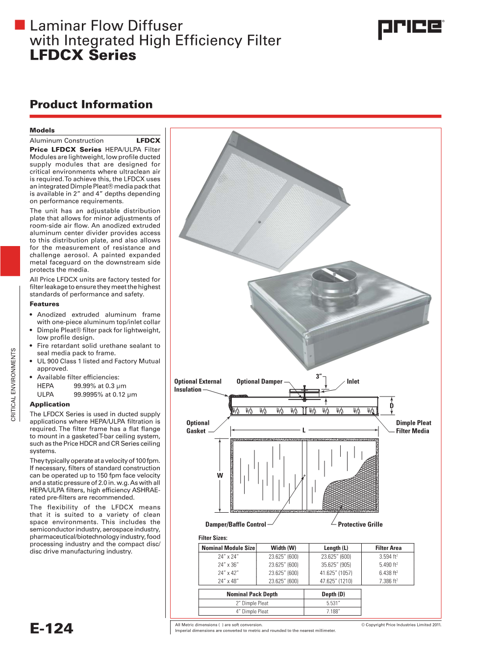 Laminar Flow Diffuser with Integrated High Efficiency Filter LFDCX Series E-124