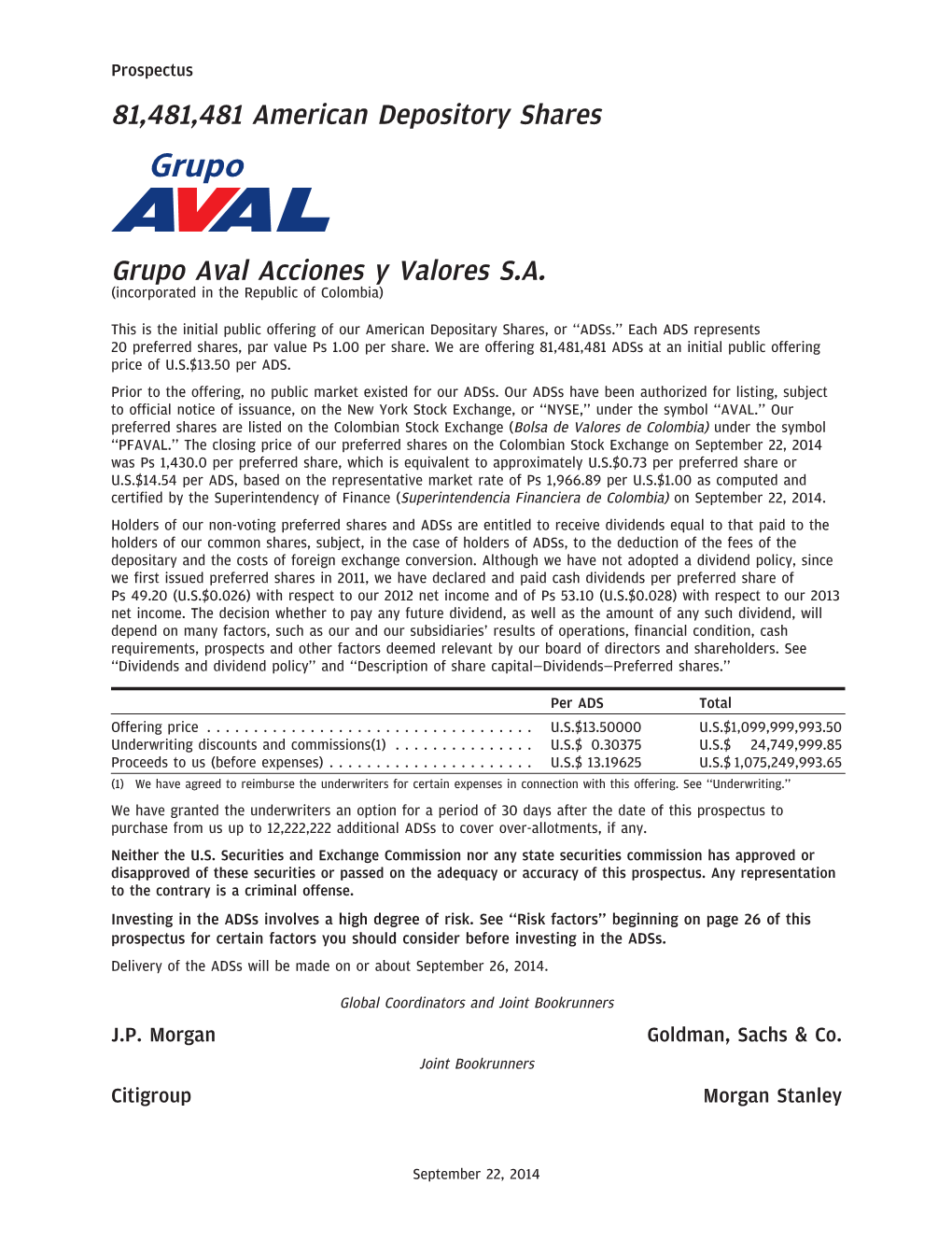 Grupo Aval Acciones Y Valores S.A. (Incorporated in the Republic of Colombia)