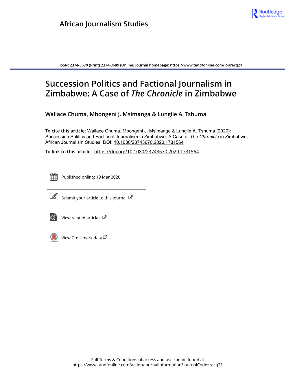 Succession Politics and Factional Journalism in Zimbabwe: a Case of the Chronicle in Zimbabwe