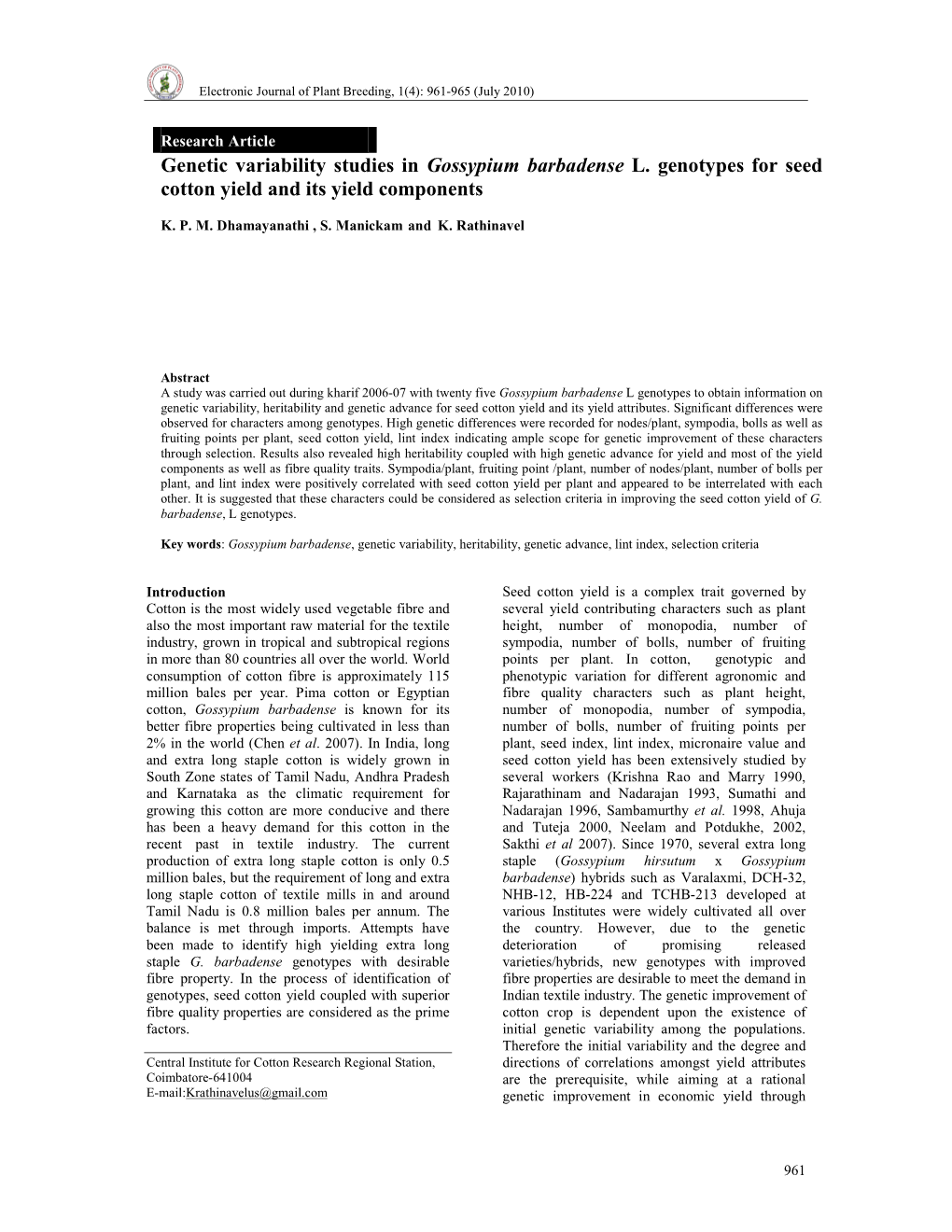 Genetic Variability Studies in Gossypium Barbadense L