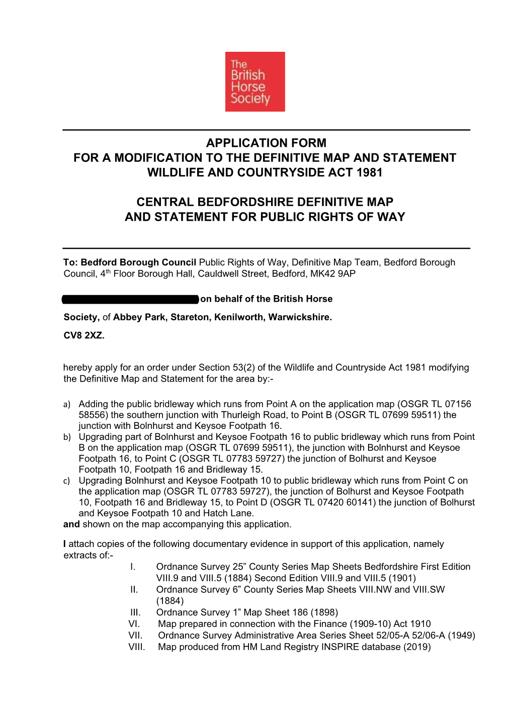 Application Form for a Modification to the Definitive Map and Statement Wildlife and Countryside Act 1981 Central Bedfordshire