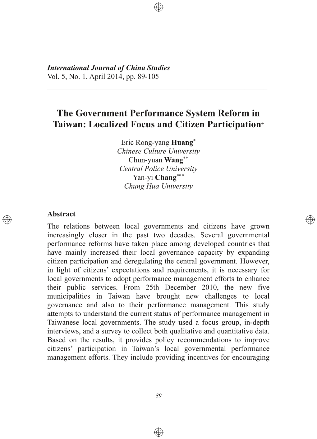 The Government Performance System Reform in Taiwan: Localized Focus and Citizen Participation+