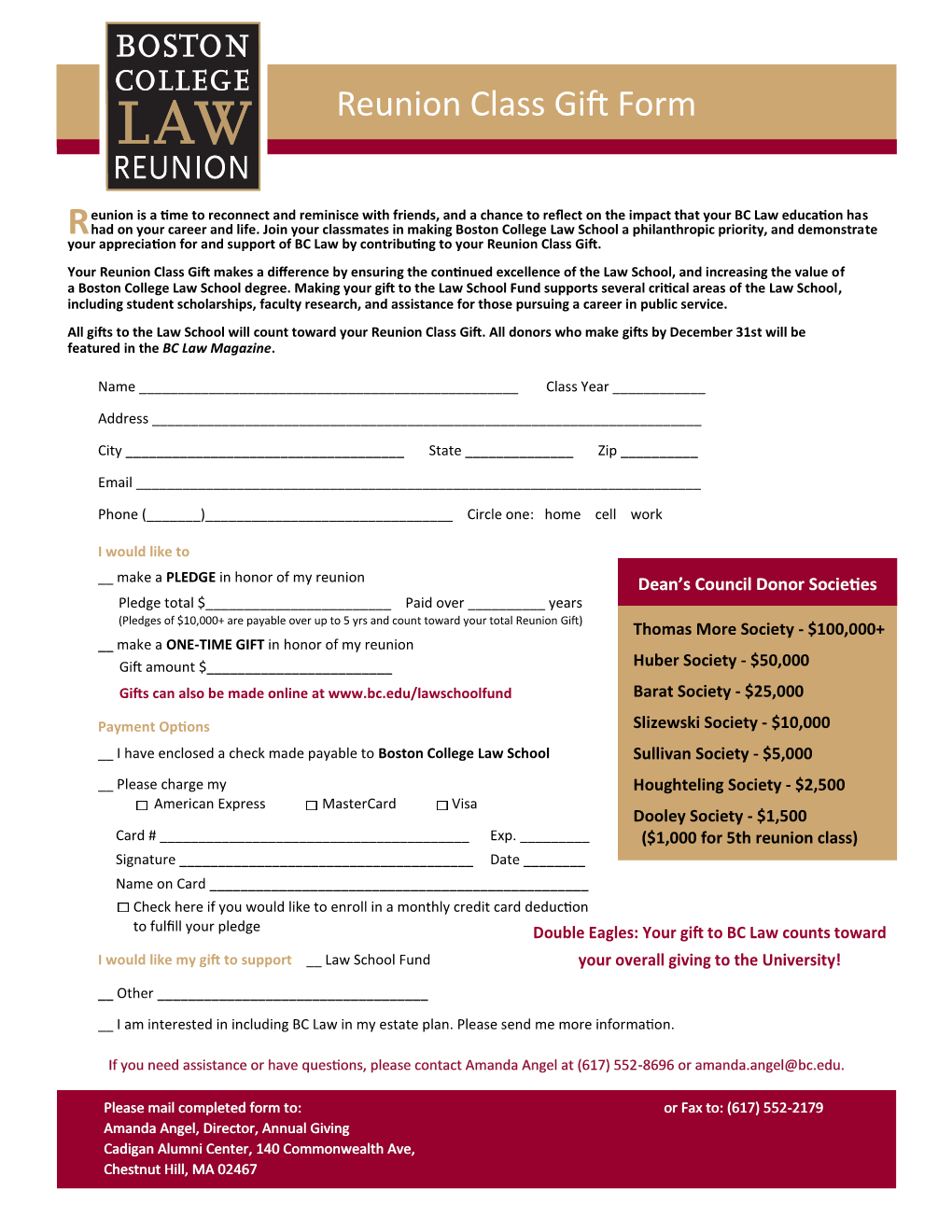 Reunion Class Gift Form