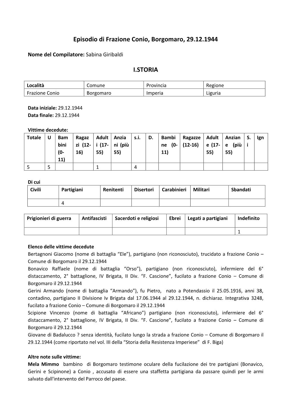 Episodio Di Frazione Conio, Borgomaro, 29.12.1944 I.STORIA