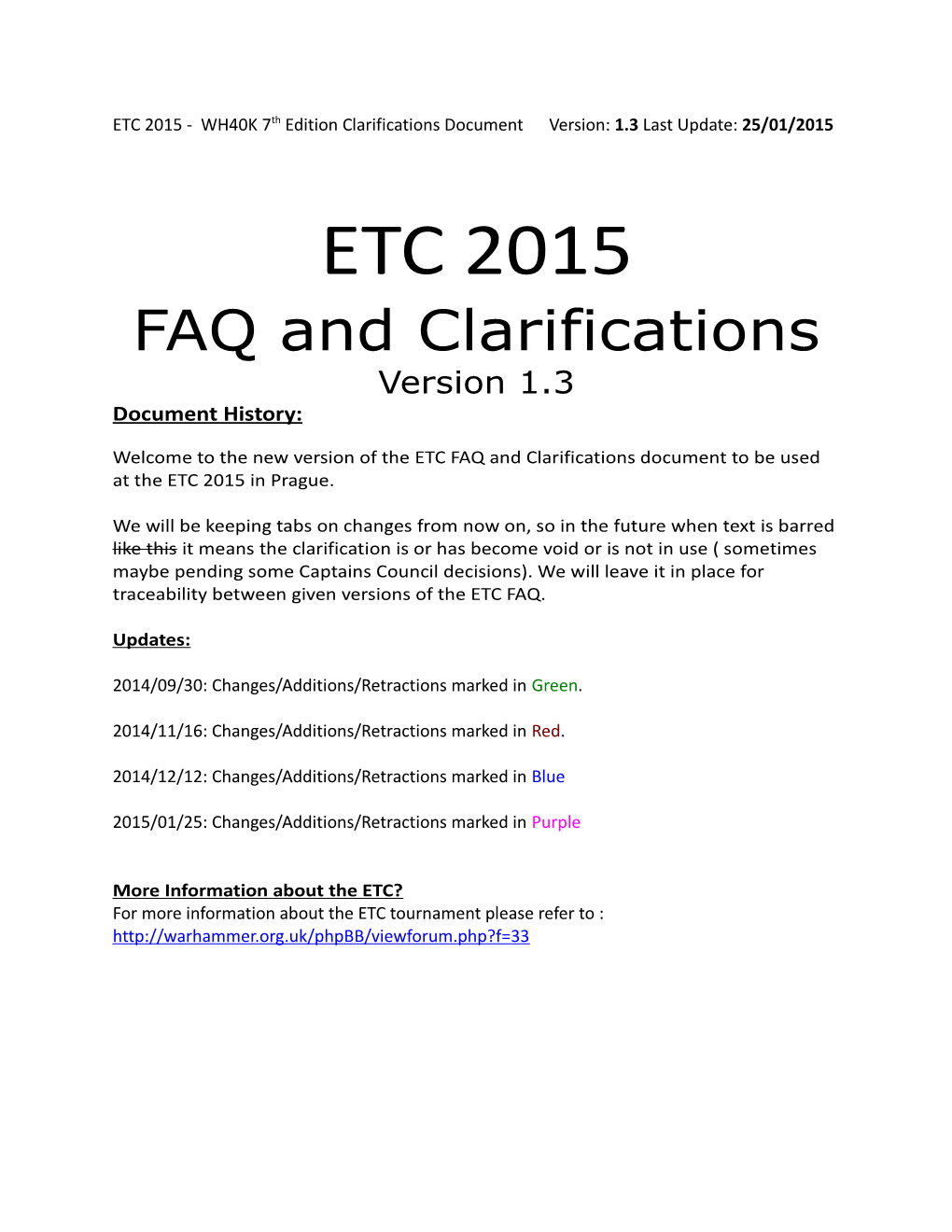 ETC 2015 - WH40K 7Th Edition Clarifications Document Version: 1.3 Last Update: 25/01/2015