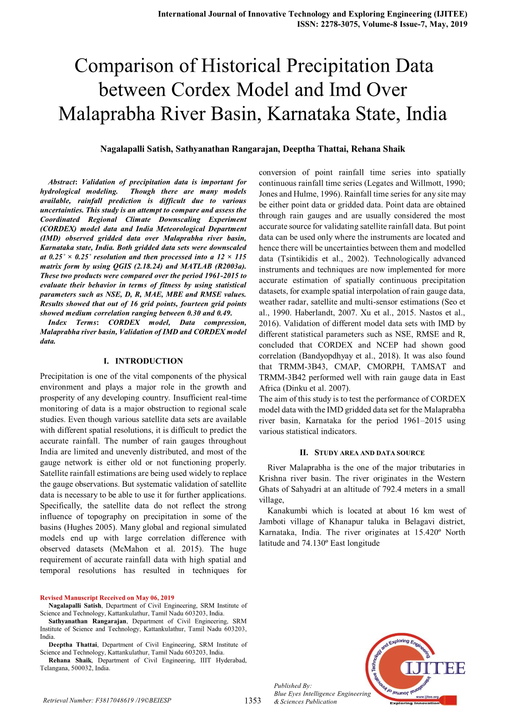 Comparison of Historical Precipitation Data Between Cordex Model and Imd Over Malaprabha River Basin, Karnataka State, India