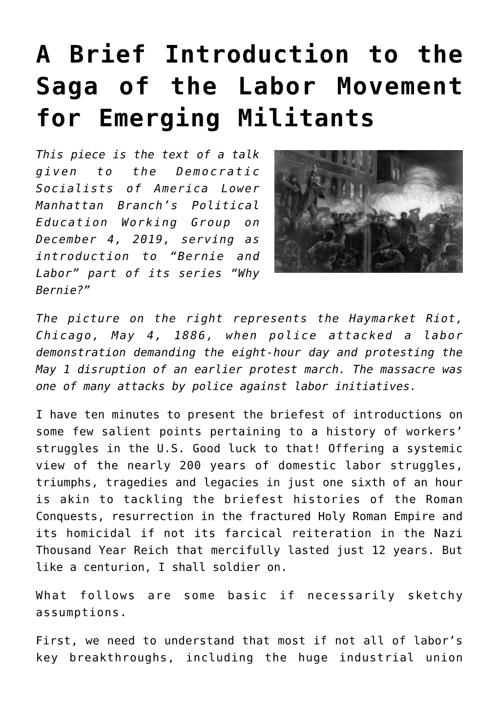 A Brief Introduction to the Saga of the Labor Movement for Emerging Militants