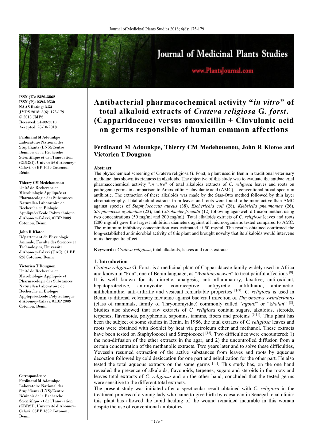 Of Total Alkaloid Extracts of Crateva Religiosa G. Forst. (Capparidaceae)