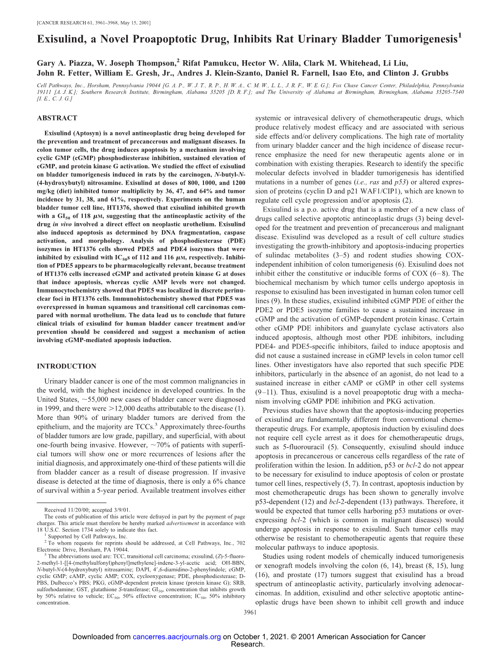 Exisulind, a Novel Proapoptotic Drug, Inhibits Rat Urinary Bladder Tumorigenesis1