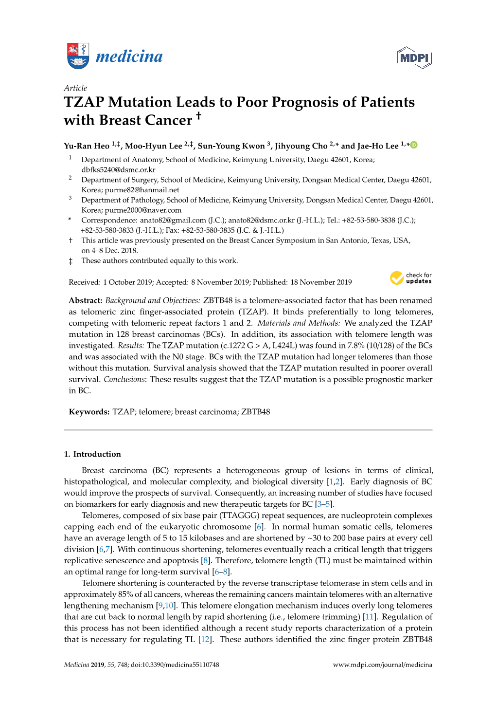TZAP Mutation Leads to Poor Prognosis of Patients † with Breast Cancer