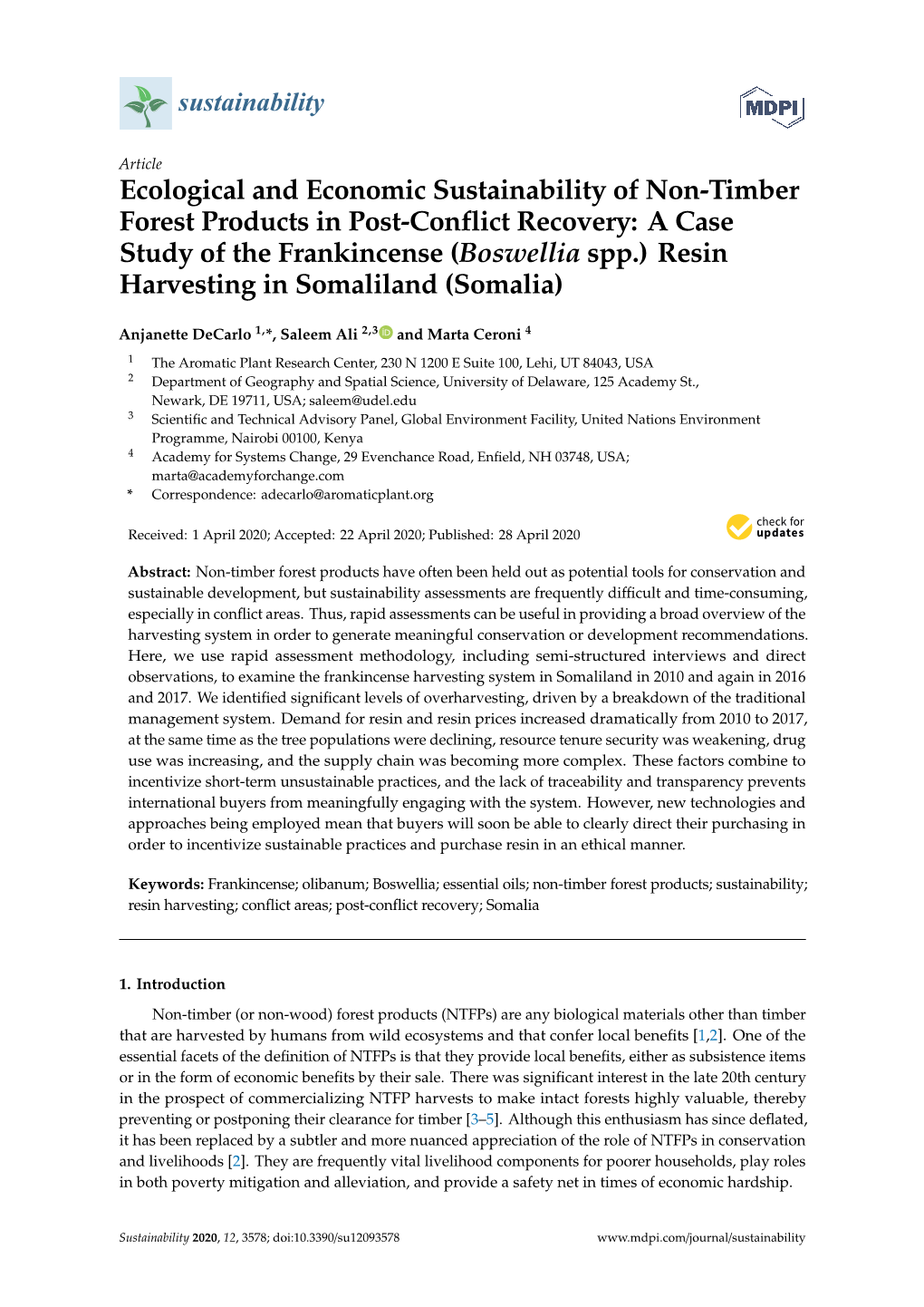 A Case Study of the Frankincense (Boswellia Spp.) Resin Harvesting in Somaliland (Somalia)