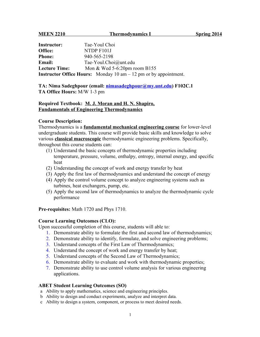 MEEN 2210 Thermodynamics I Spring 2014