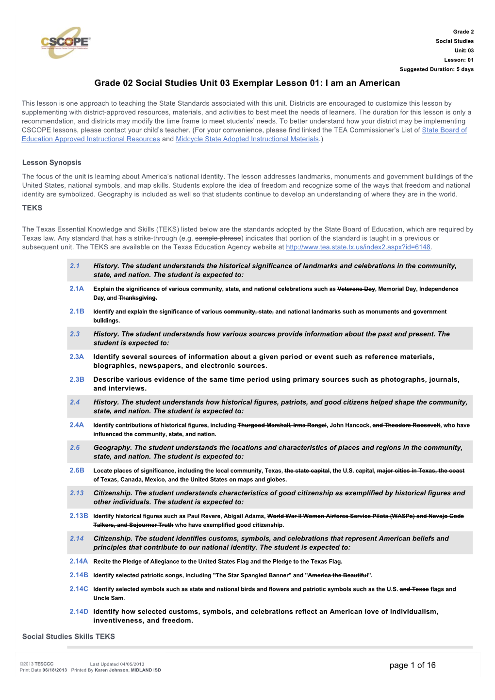 Grade 02 Social Studies Unit 03 Exemplar Lesson 01: I Am an American