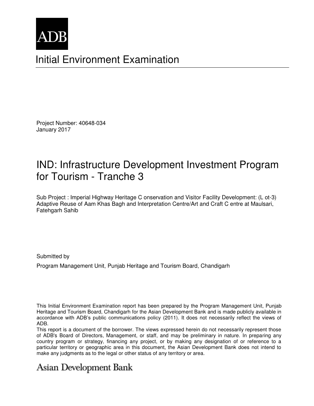 Initial Environment Examination IND: Infrastructure Development Investment Program for Tourism