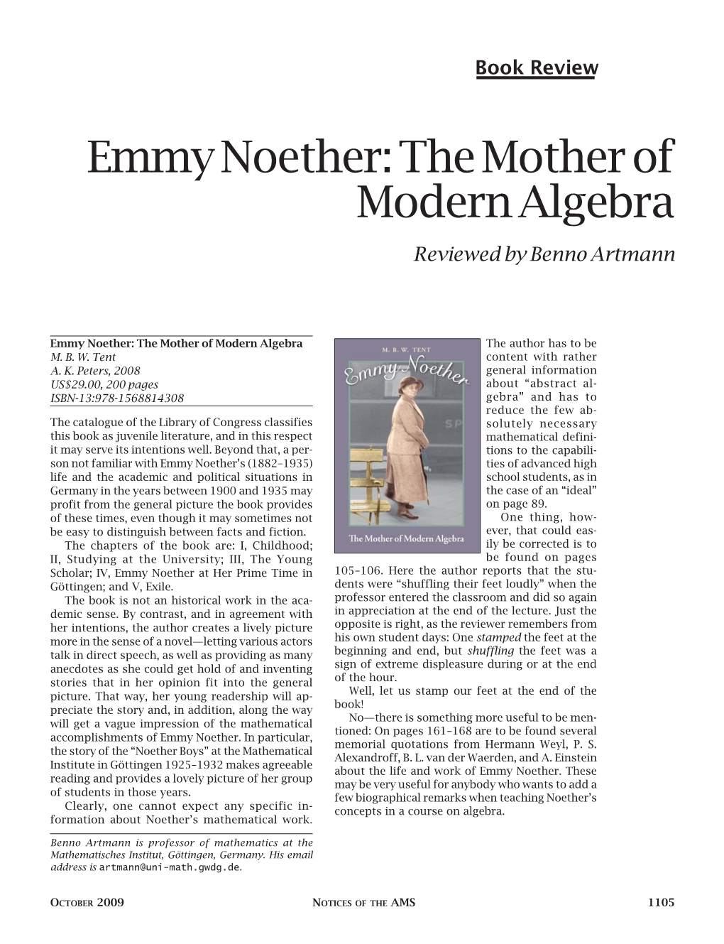 Emmy Noether: the Mother of Modern Algebra Reviewed by Benno Artmann