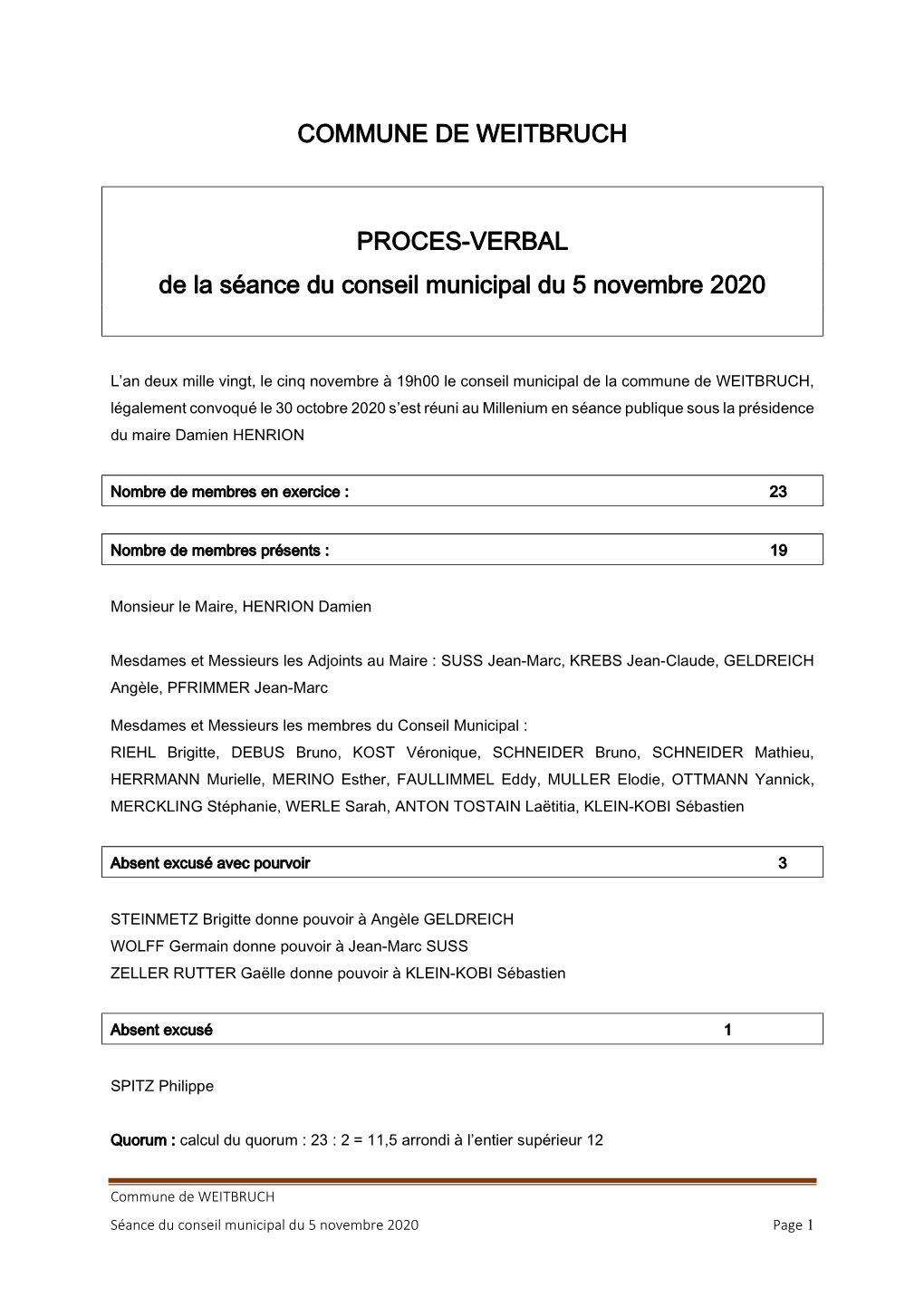 COMMUNE DE WEITBRUCH PROCES-VERBAL De La Séance Du