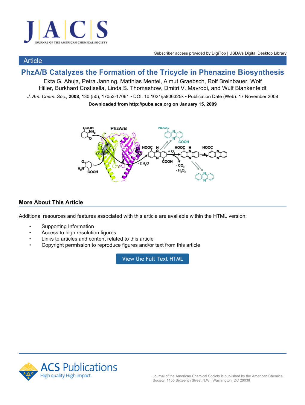 Phza/B Catalyzes the Formation of the Tricycle in Phenazine Biosynthesis Ekta G