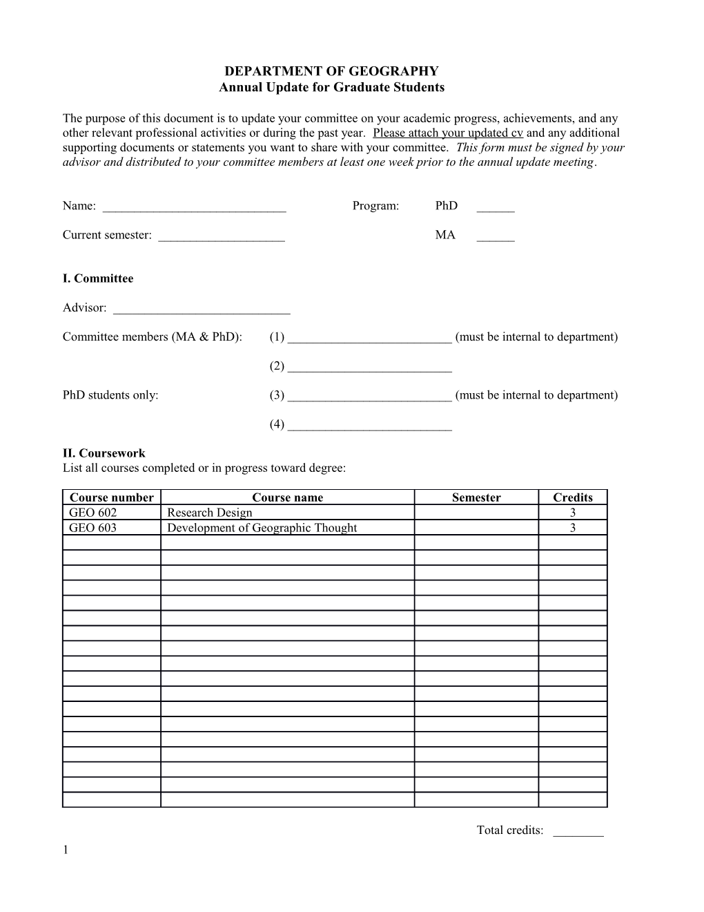 Annual Update for Graduate Students