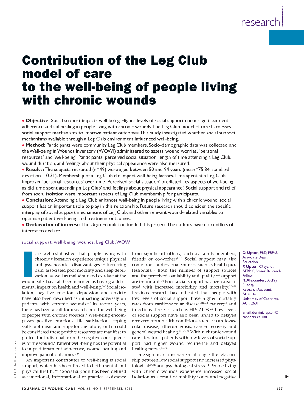 Contribution of the Leg Club Model of Care to the Well-Being of People Living with Chronic Wounds