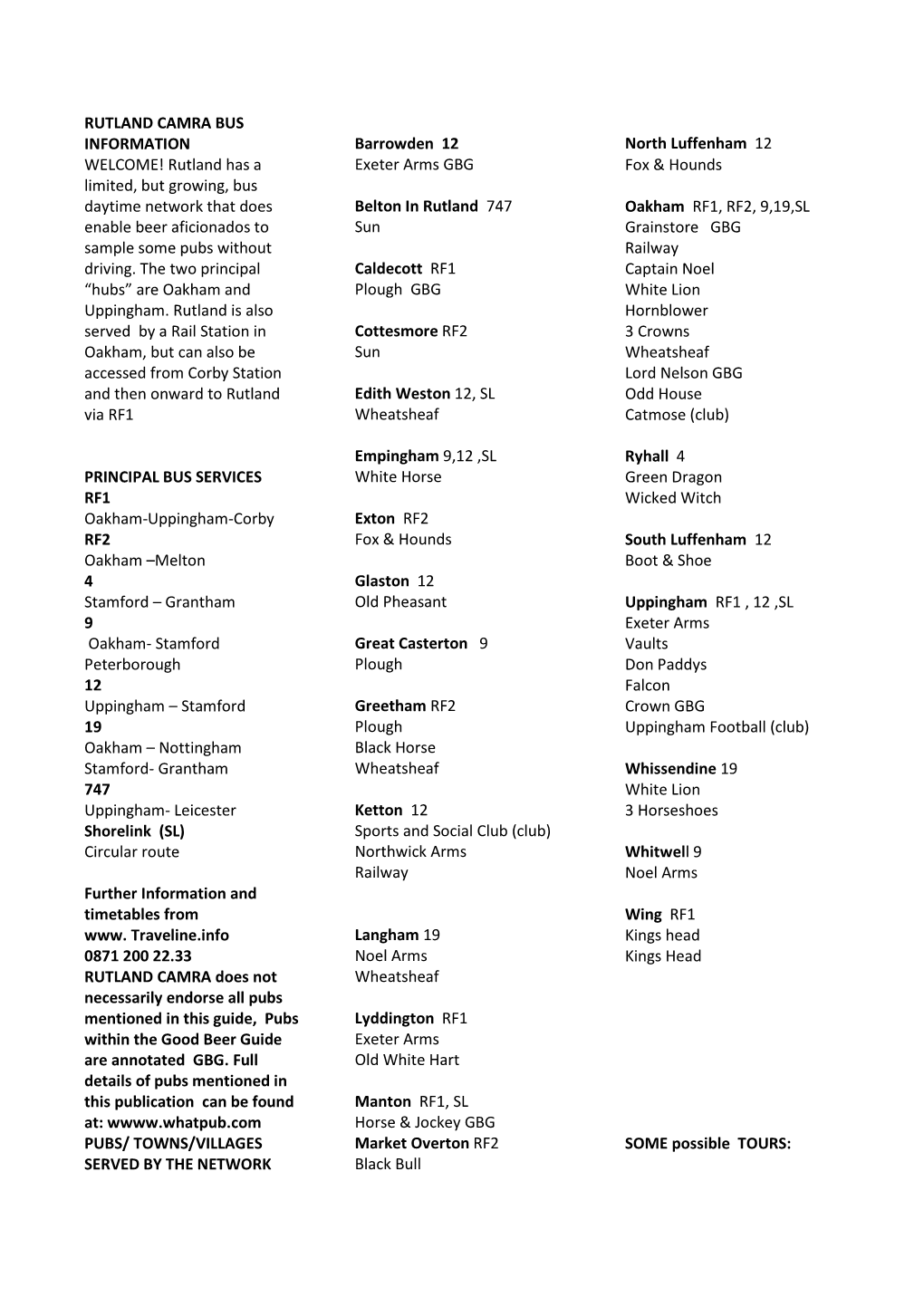 Rutland Camra Bus Information Welcome