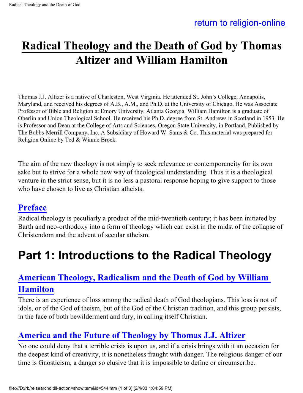 Radical Theology and the Death of God by Thomas Altizer and William Hamilton