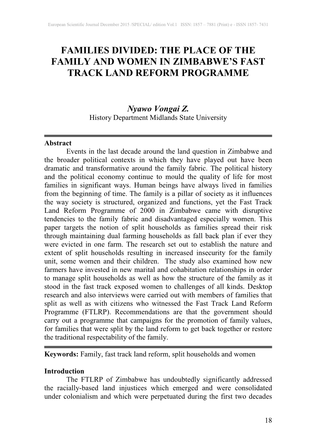 Families Divided: the Place of the Family and Women in Zimbabwe’S Fast Track Land Reform Programme