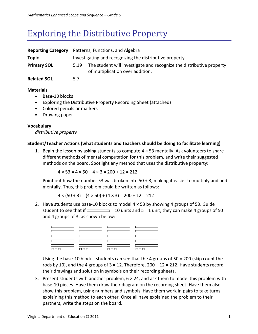 Exploring the Distributive Property; Patterns, Functions, and Algebra; 5.19