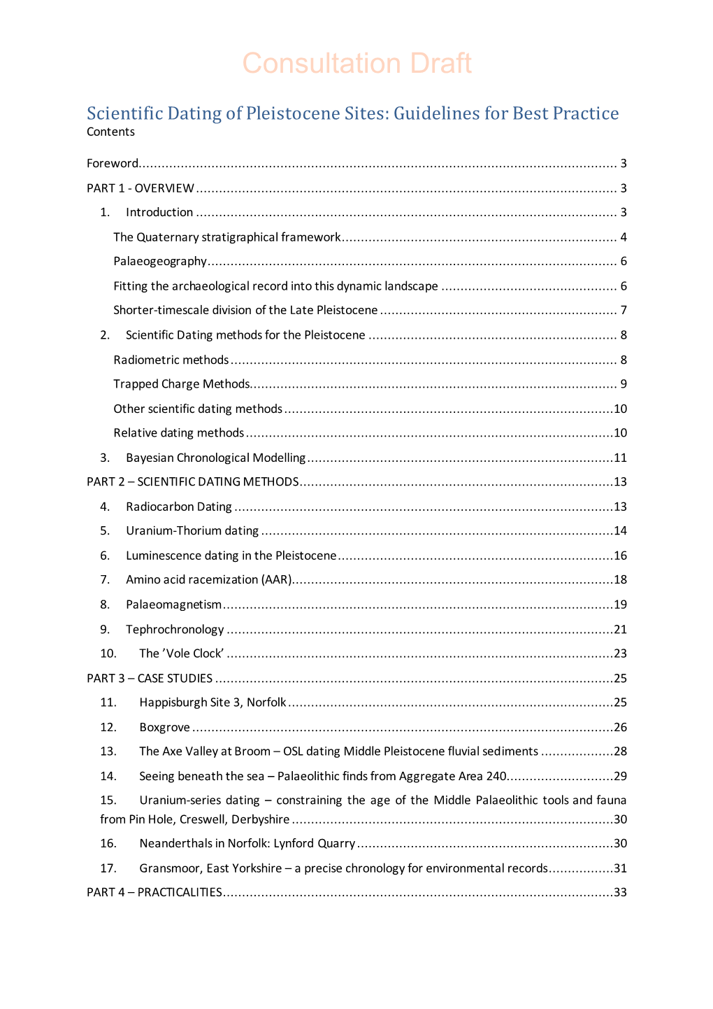 Scientific Dating of Pleistocene Sites: Guidelines for Best Practice Contents