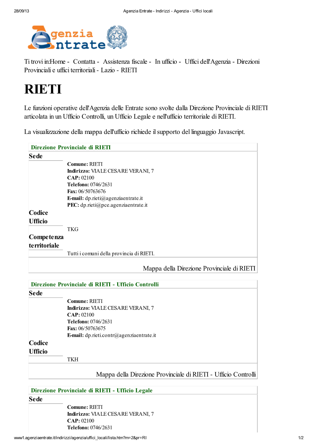 Codici Uffici Agenzia Delle Entrate Della Provincia Di Rieti