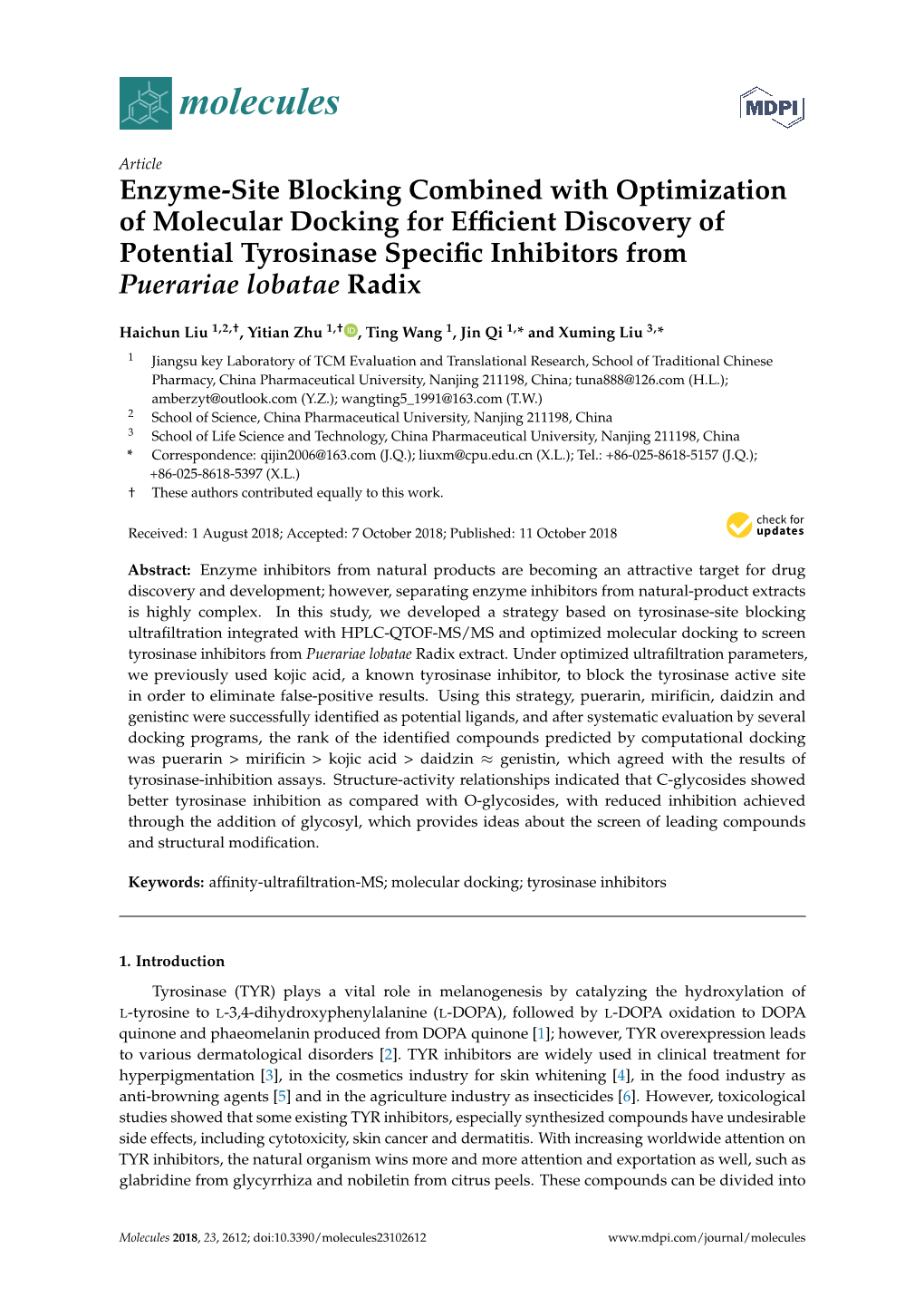 Enzyme-Site Blocking Combined with Optimization of Molecular Docking for Efficient Discovery of Potential Tyrosinase Specific In