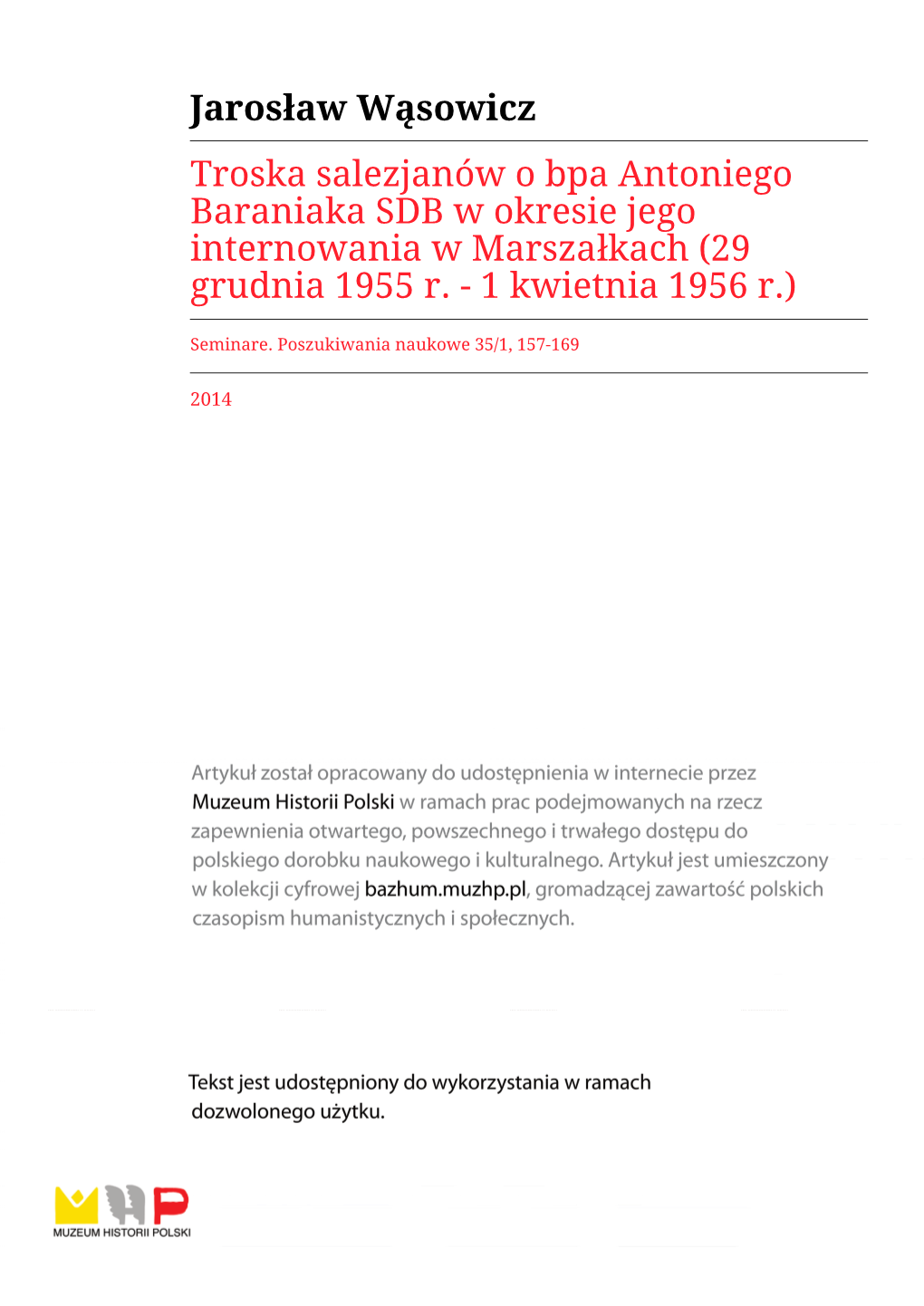 Jarosław Wąsowicz Troska Salezjanów O Bpa Antoniego Baraniaka SDB W Okresie Jego Internowania W Marszałkach (29 Grudnia 1955 R