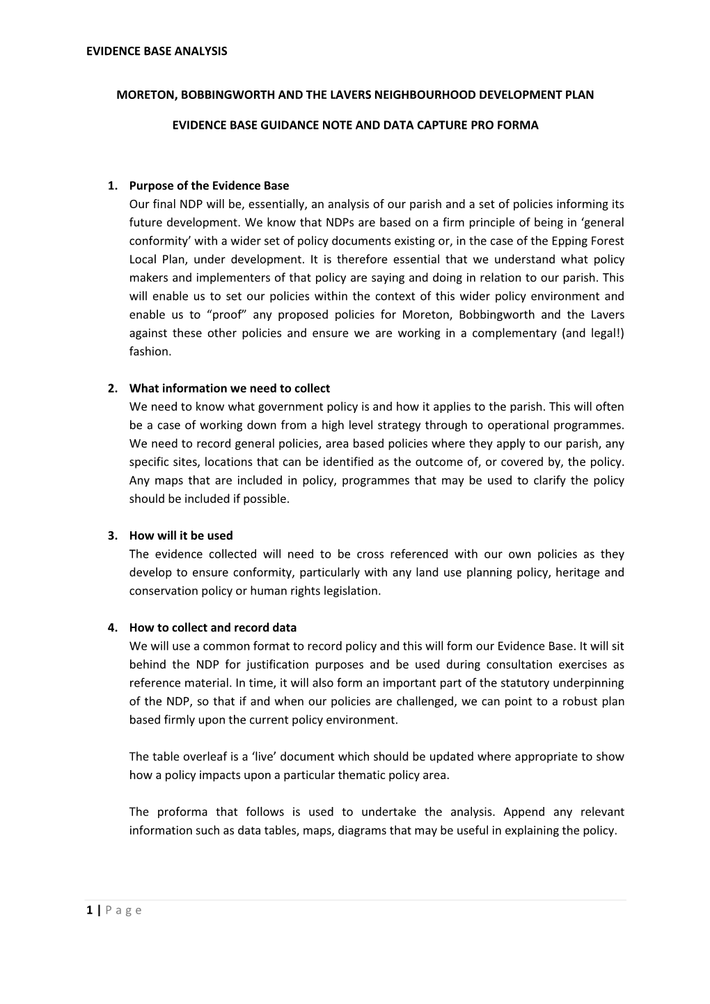 EVIDENCE BASE ANALYSIS 1 | Page MORETON, BOBBINGWORTH