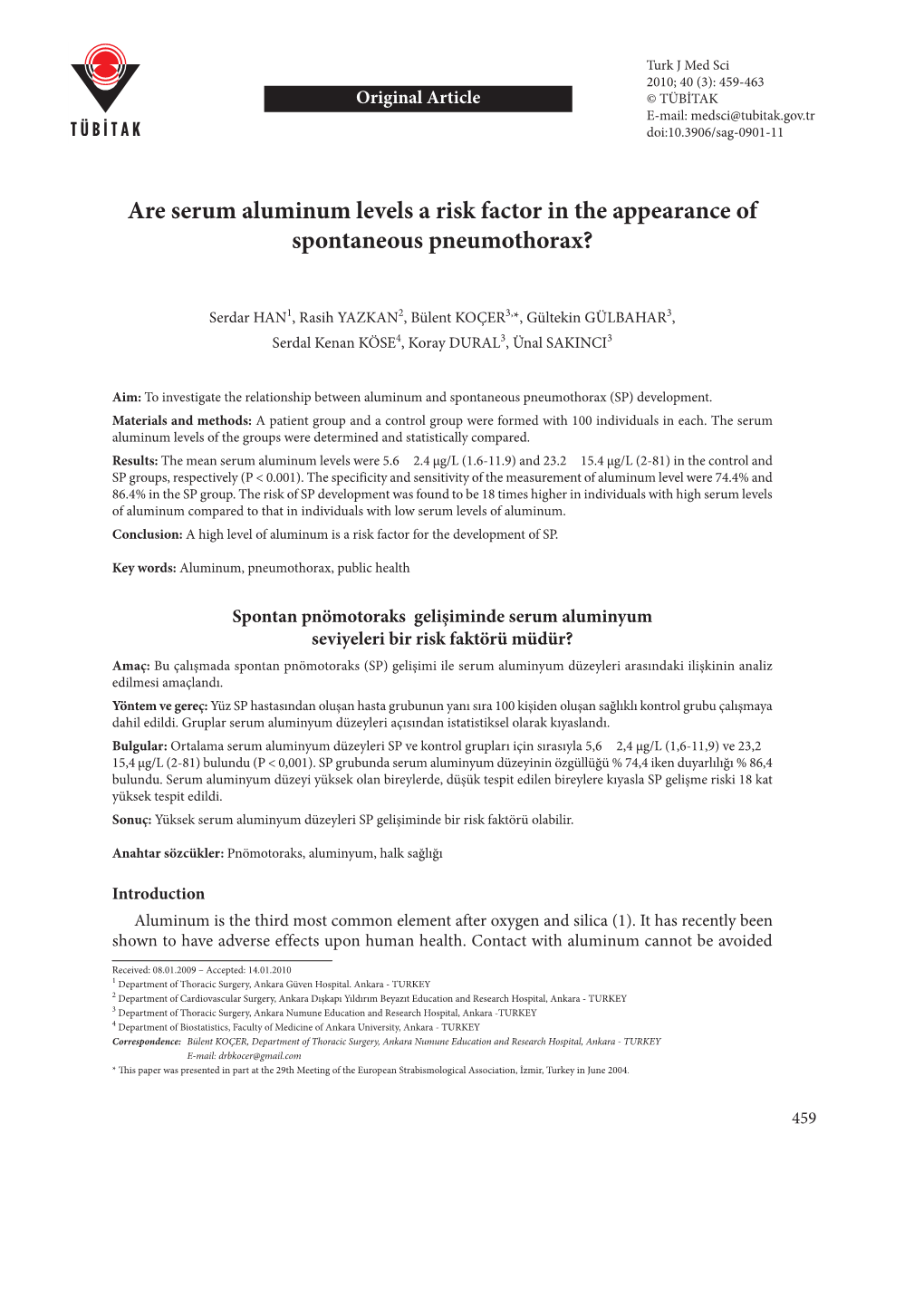 Are Serum Aluminum Levels a Risk Factor in the Appearance of Spontaneous Pneumothorax?