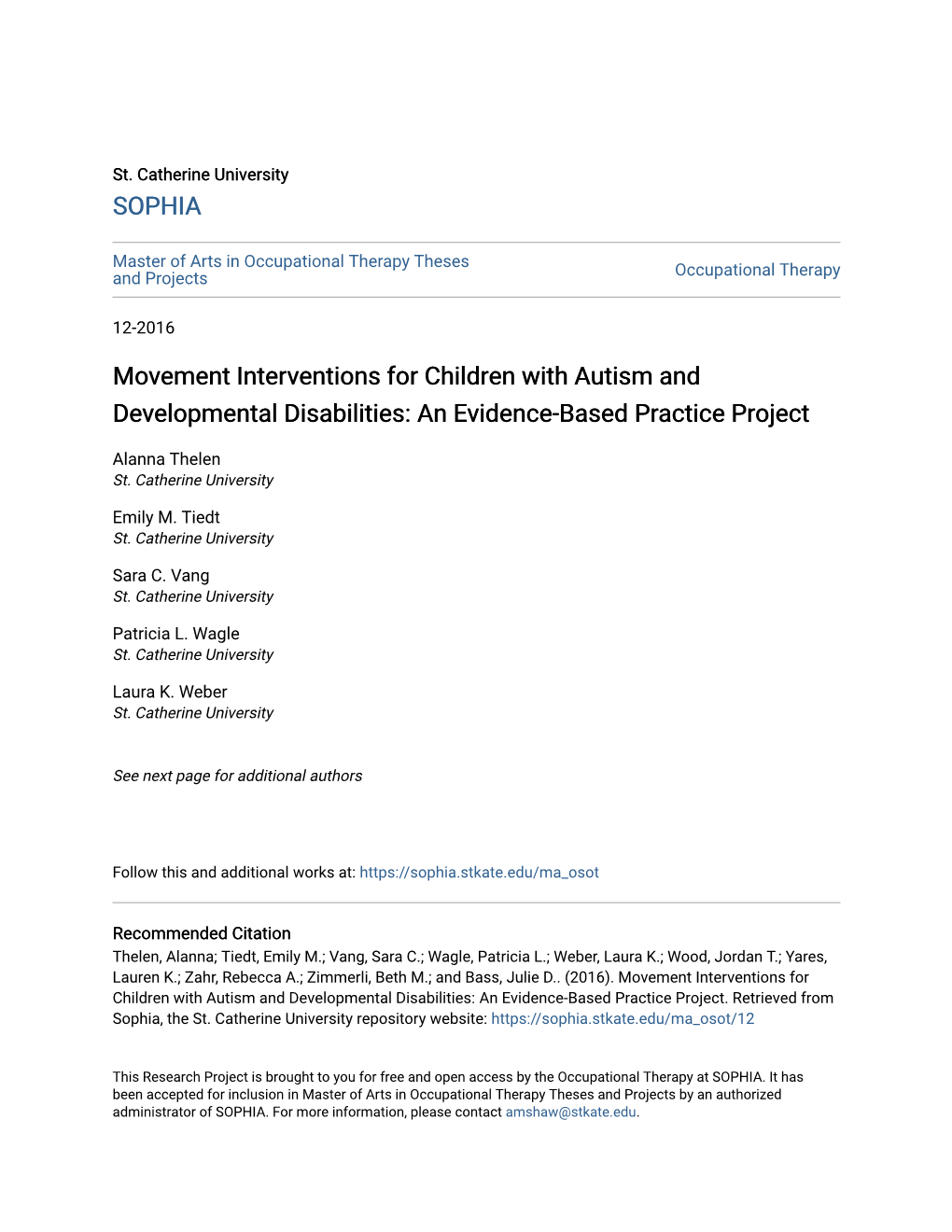 Movement Interventions for Children with Autism and Developmental Disabilities: an Evidence-Based Practice Project