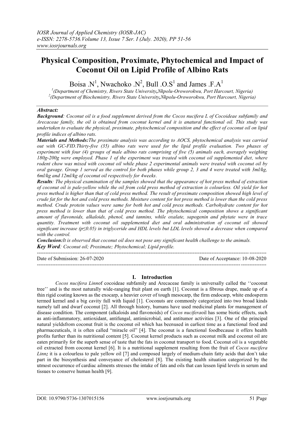 Physical Composition, Proximate, Phytochemical and Impact of Coconut Oil on Lipid Profile of Albino Rats