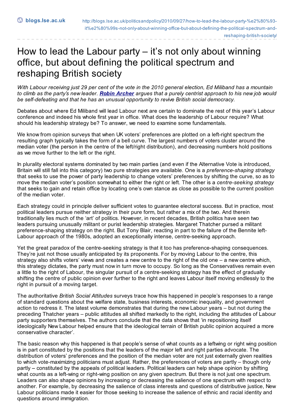 How to Lead the Labour Party – It’S Not Only About Winning Office, but About Defining the Political Spectrum and Reshaping British Society