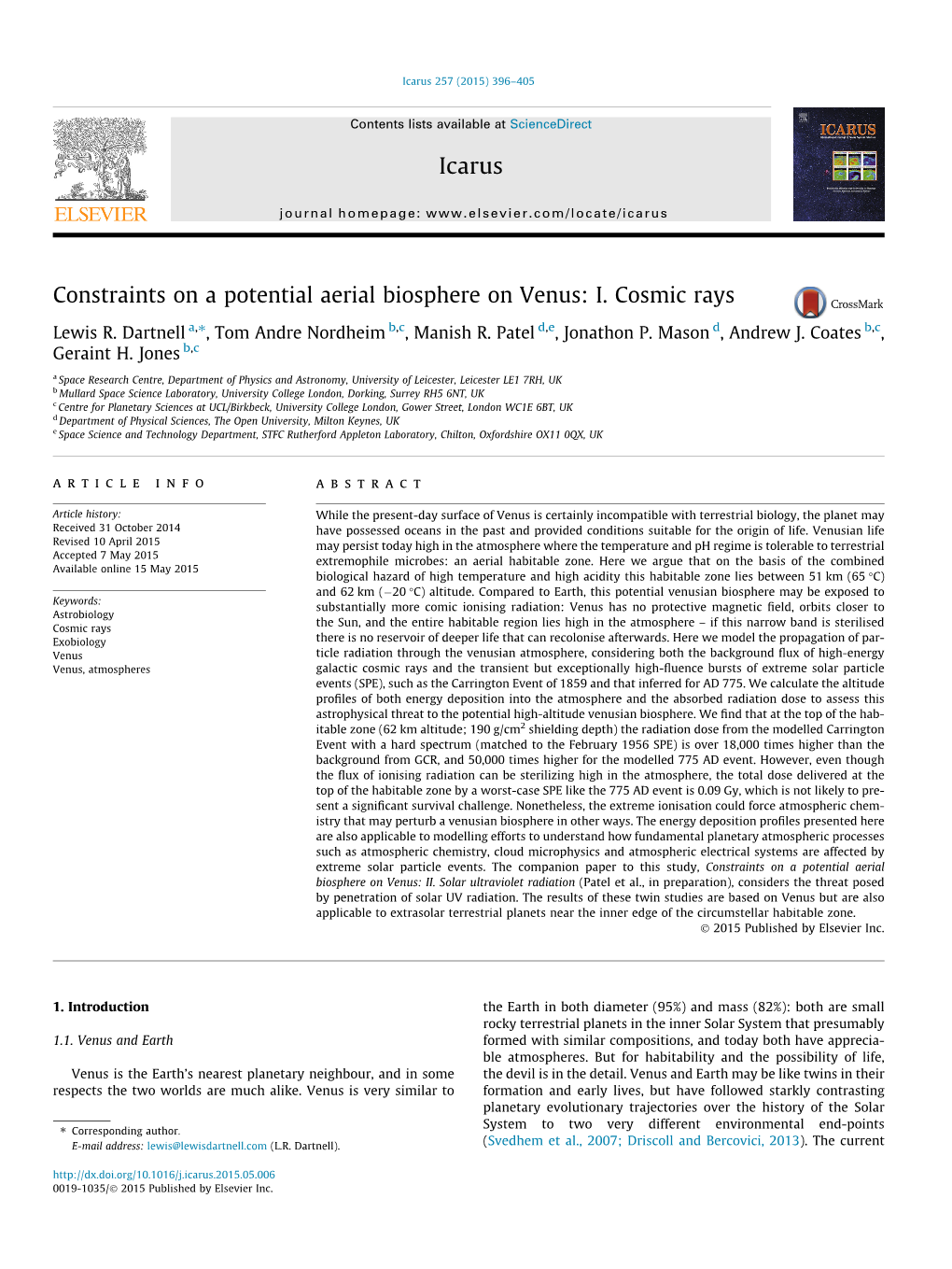 Constraints on a Potential Aerial Biosphere on Venus: I. Cosmic Rays ⇑ Lewis R