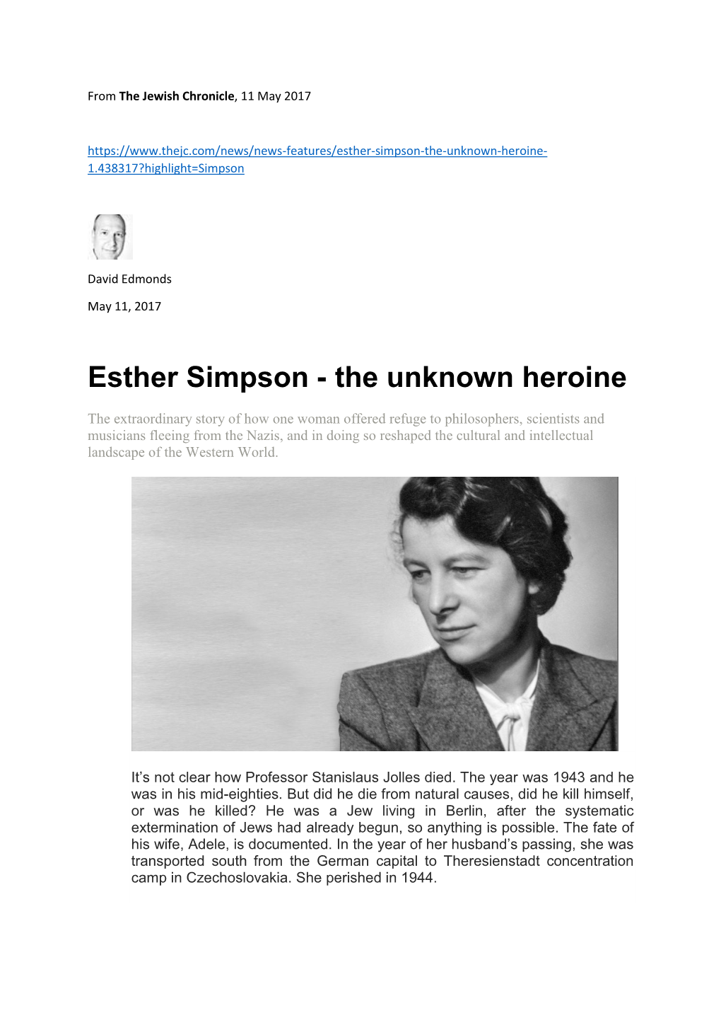 Esther Simpson - the Unknown Heroine