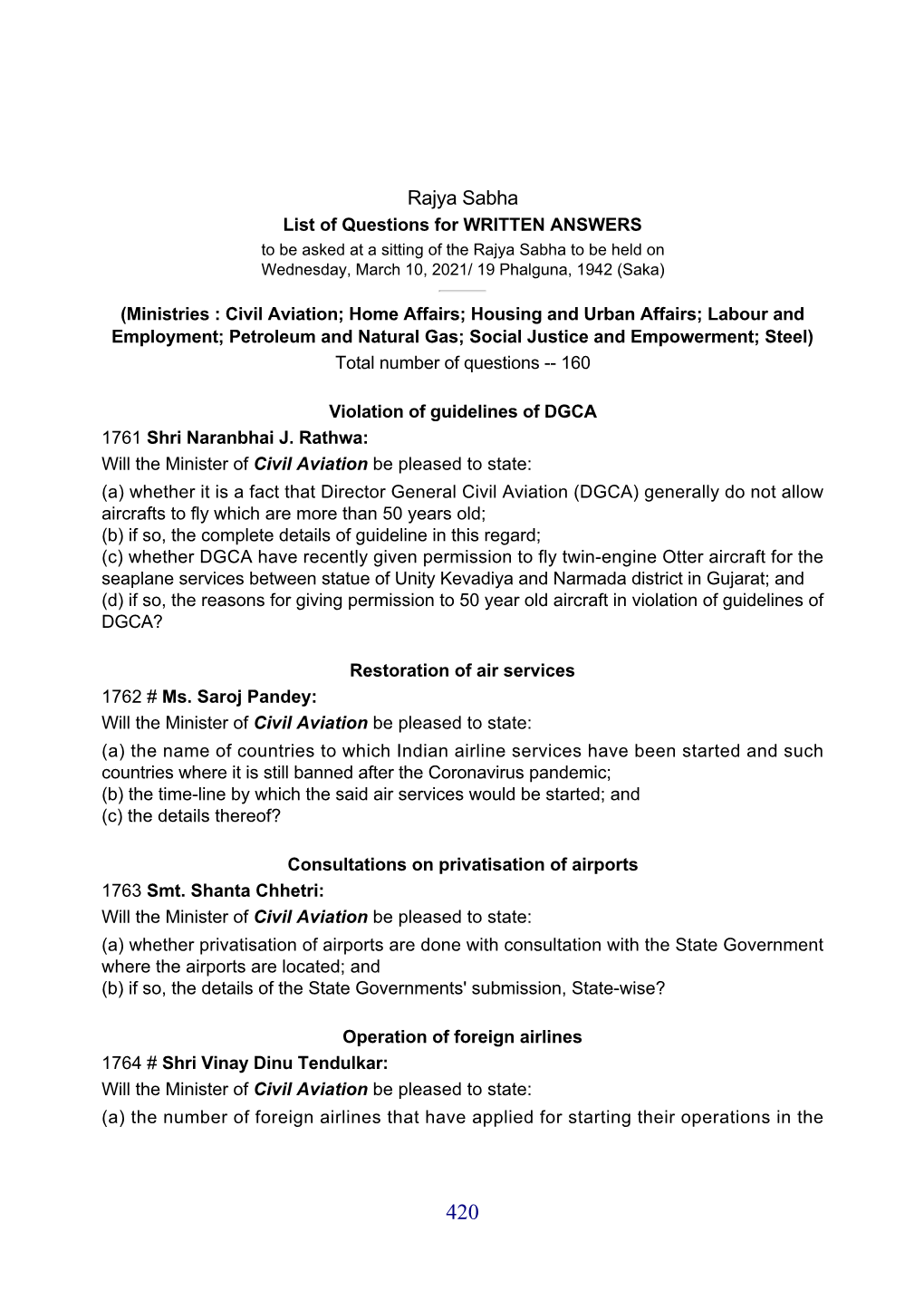 Rajya Sabha List of Questions for WRITTEN ANSWERS to Be Asked at a Sitting of the Rajya Sabha to Be Held on Wednesday, March 10, 2021/ 19 Phalguna, 1942 (Saka)