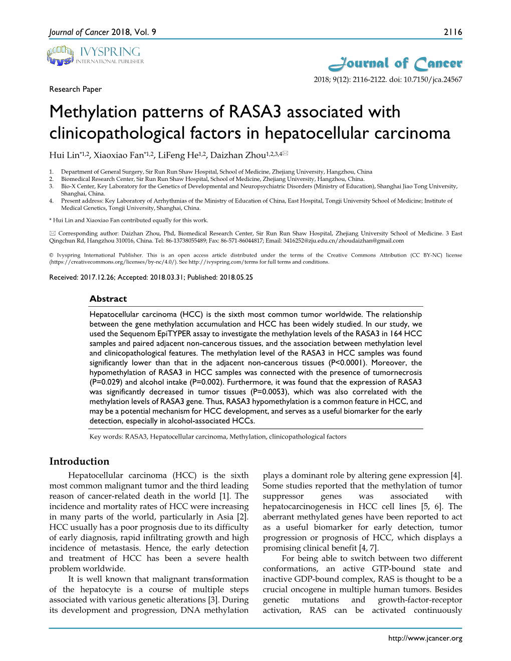 Methylation Patterns of RASA3 Associated with Clinicopathological