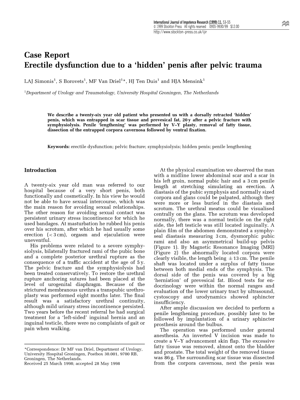 Case Report Erectile Dysfunction Due to a `Hidden' Penis After Pelvic Trauma