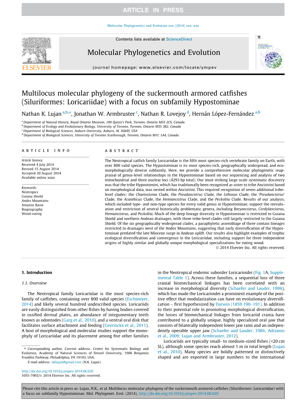 Multilocus Molecular Phylogeny of the Suckermouth Armored Catfishes