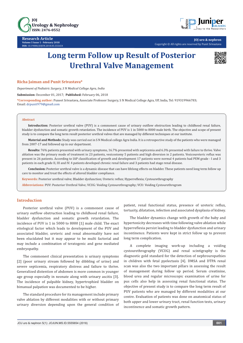Long Term Follow up Result of Posterior Urethral Valve Management