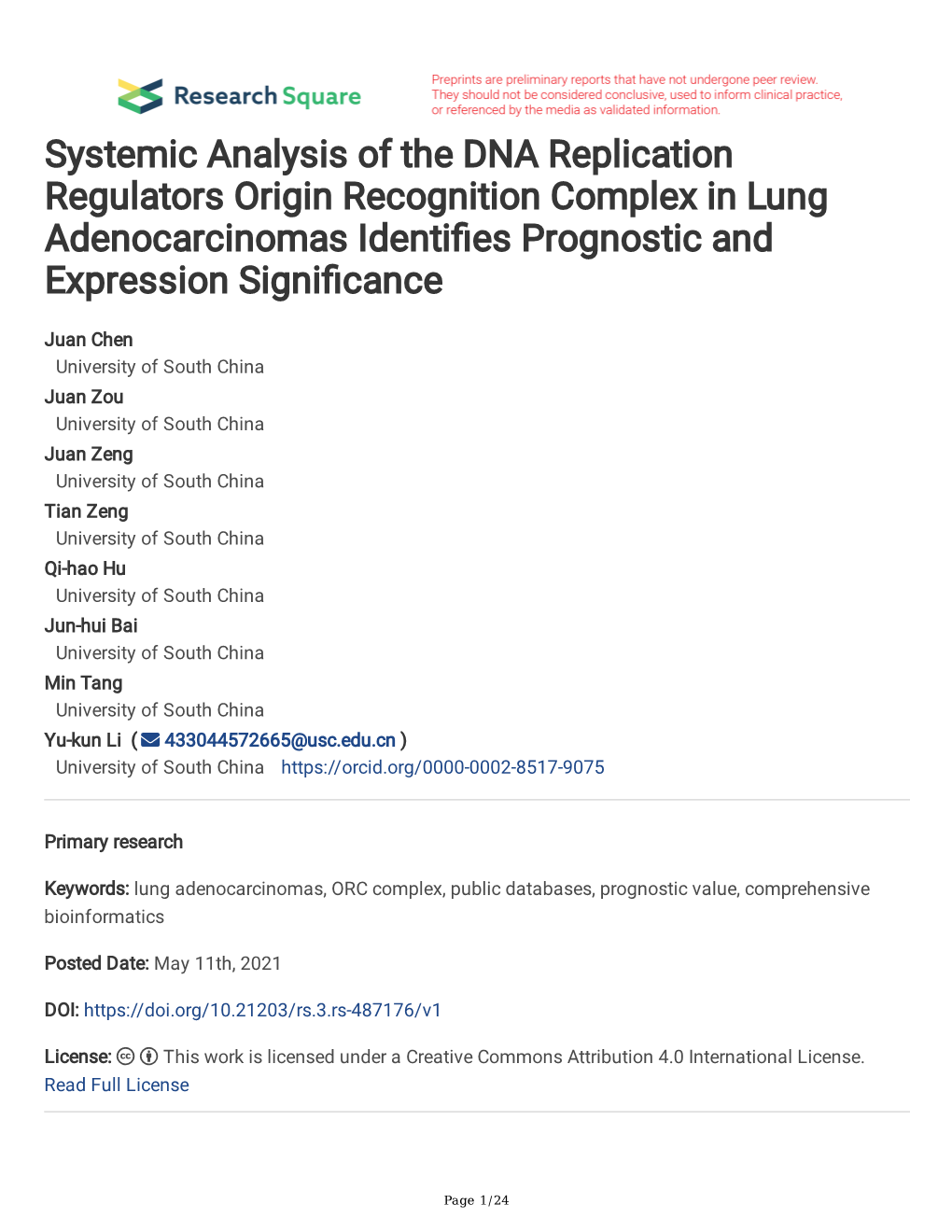 Systemic Analysis of the DNA Replication Regulators Origin Recognition Complex in Lung Adenocarcinomas Identifes Prognostic and Expression Signifcance
