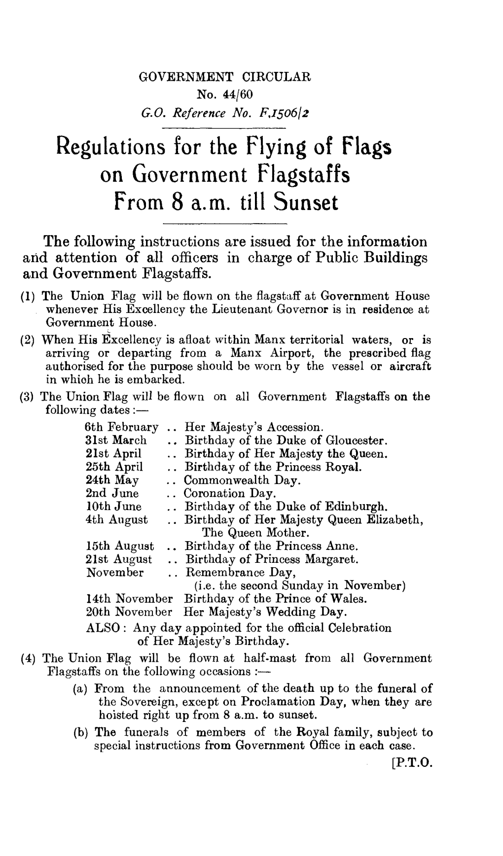 Regulations for the Flying of Flags on Government Flagstaffs from 8 A.M. Till Sunset