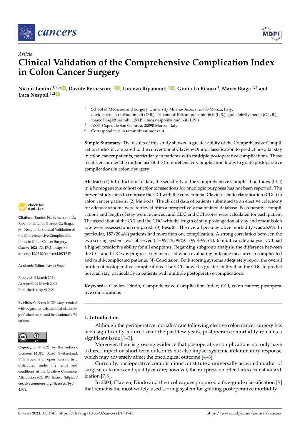 Clinical Validation of the Comprehensive Complication Index in Colon Cancer Surgery