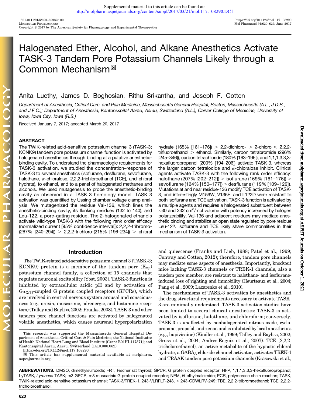 Halogenated Ether, Alcohol, and Alkane Anesthetics Activate TASK-3 Tandem Pore Potassium Channels Likely Through a Common Mechanism S