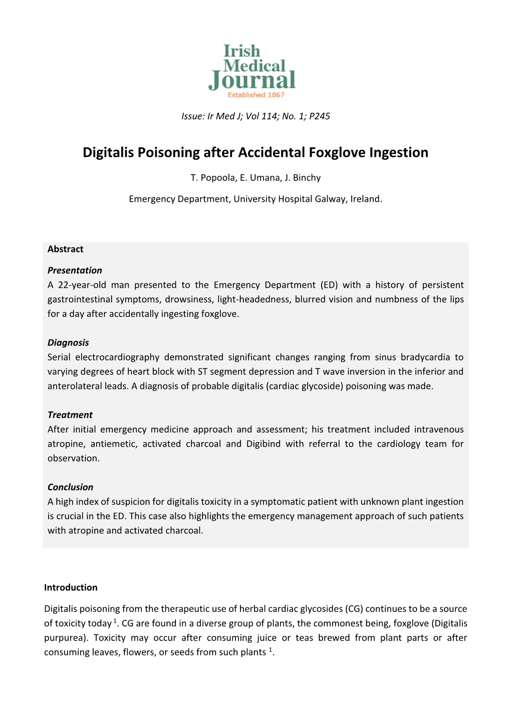 Digitalis Poisoning After Accidental Foxglove Ingestion