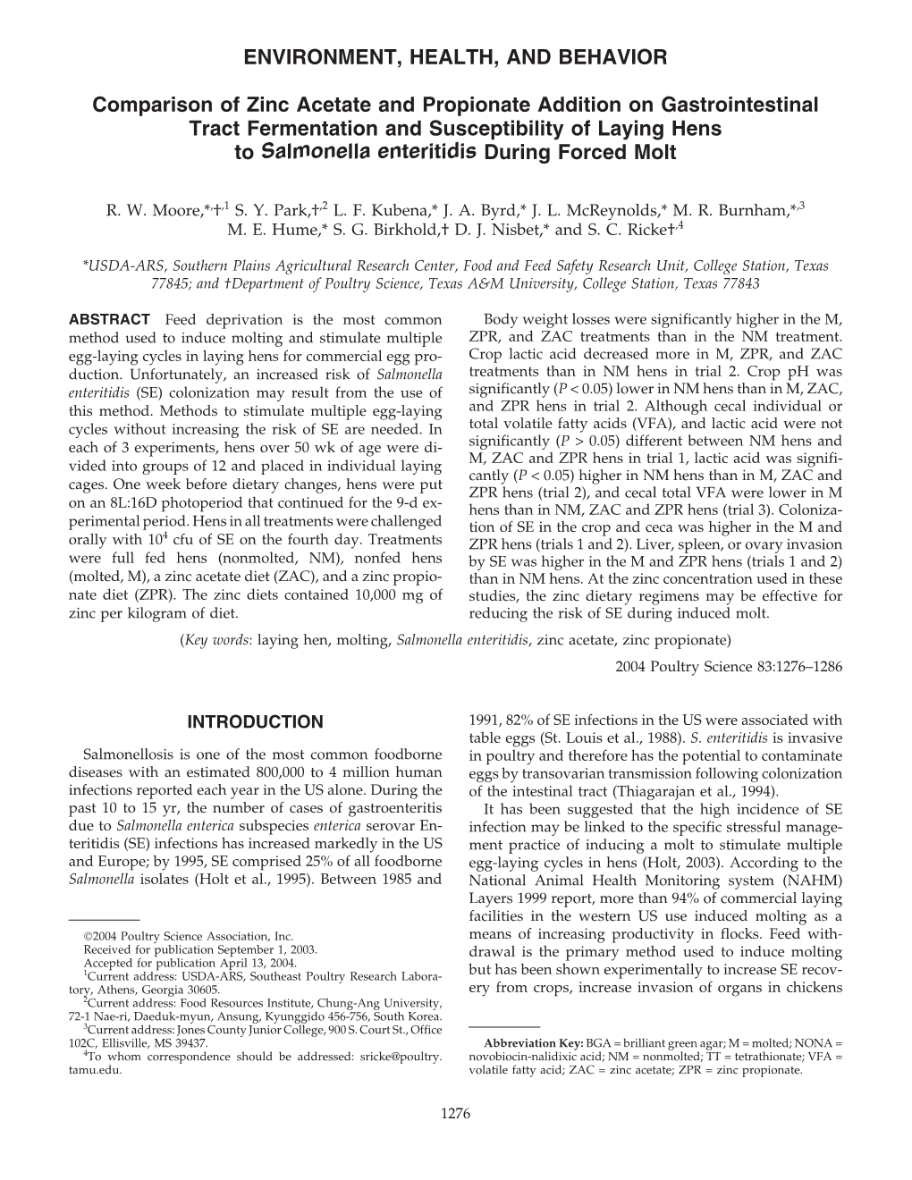 Comparison of Zinc Acetate and Propionate Addition on Gastrointestinal Tract Fermentation and Susceptibility of Laying Hens to S